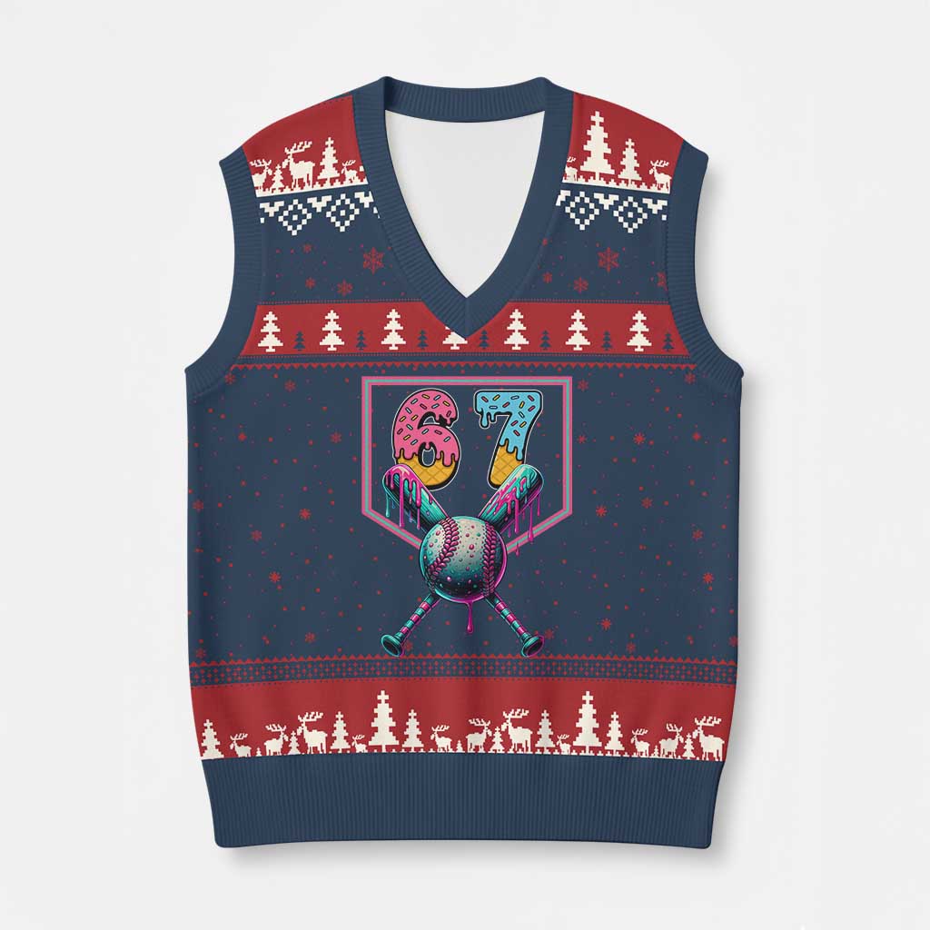 Funny Six Seven Baseball Drip V-Neck Knit Sweater Vest Number 67 Meme Drippy Bats - Wonder Print Shop