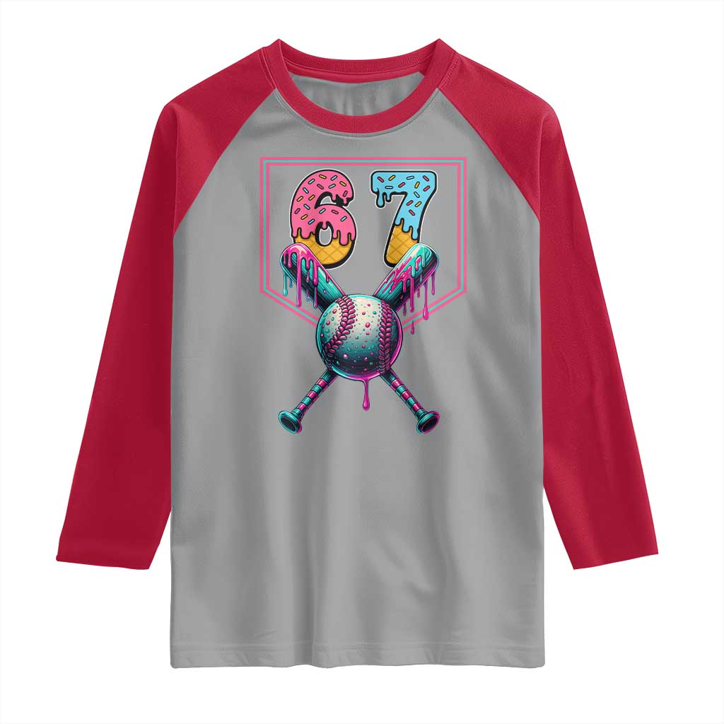 Funny Six Seven Baseball Drip Raglan Shirt Number 67 Meme Drippy Bats - Wonder Print Shop