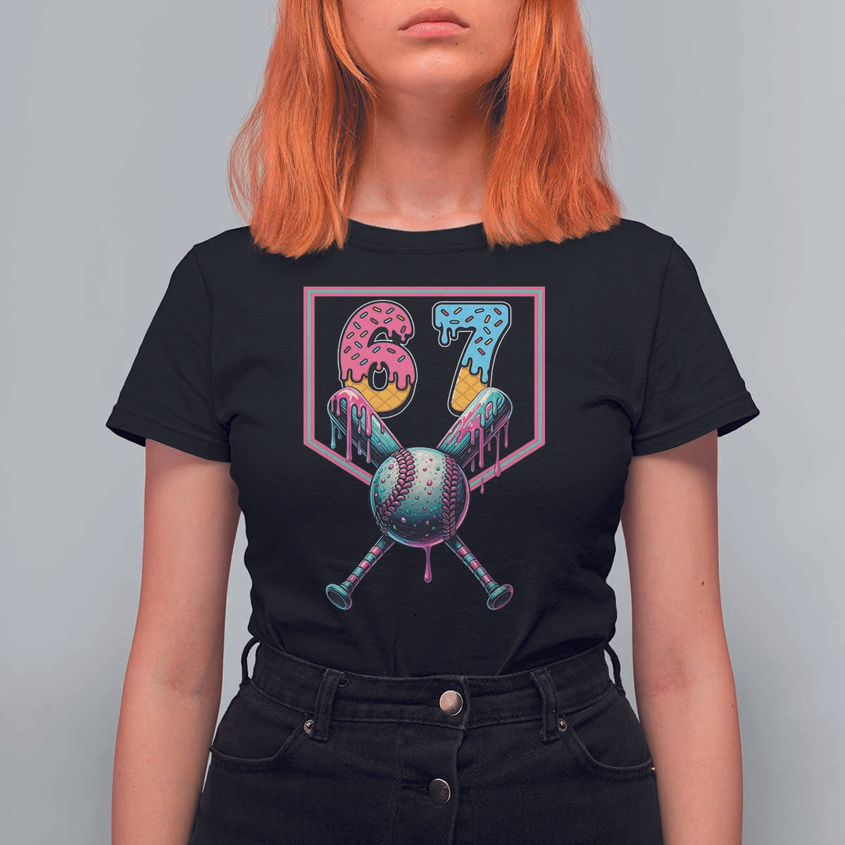 Funny Six Seven Baseball Drip T Shirt For Women Number 67 Meme Drippy Bats - Wonder Print Shop
