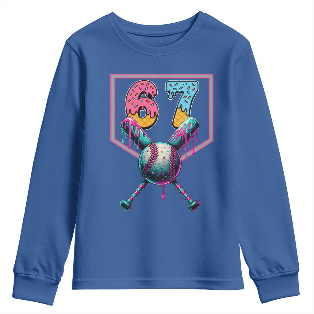 Funny Six Seven Baseball Drip Youth Sweatshirt Number 67 Meme Drippy Bats - Wonder Print Shop