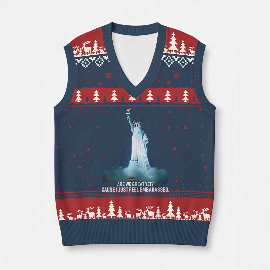 Statue of Liberty Ghost V-Neck Knit Sweater Vest Are We Great Yet Cause I Just Feel Embarrased - Wonder Print Shop