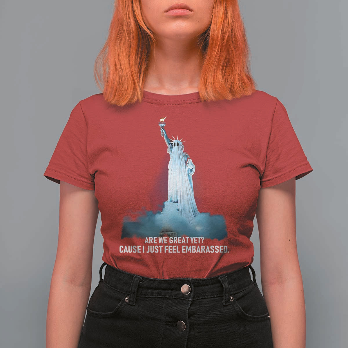 Statue of Liberty Ghost T Shirt For Women Are We Great Yet Cause I Just Feel Embarrased - Wonder Print Shop