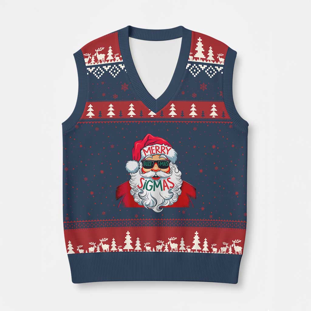 Funny Santa Rizz Xmas V-Neck Knit Sweater Vest Merry Rizzmas Sigmas Xmas Gen Alpha Middle School - Wonder Print Shop