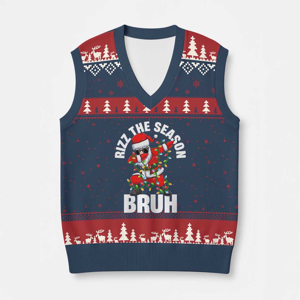 Funny Dabbing Santa Rizz Xmas V-Neck Knit Sweater Vest Rizz The Season Bruh Xmas Lights - Wonder Print Shop