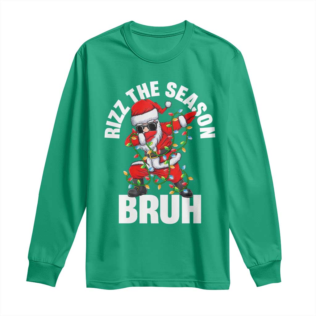 Funny Dabbing Santa Rizz Christmas Long Sleeve Shirt Rizz The Season Bruh Xmas Lights