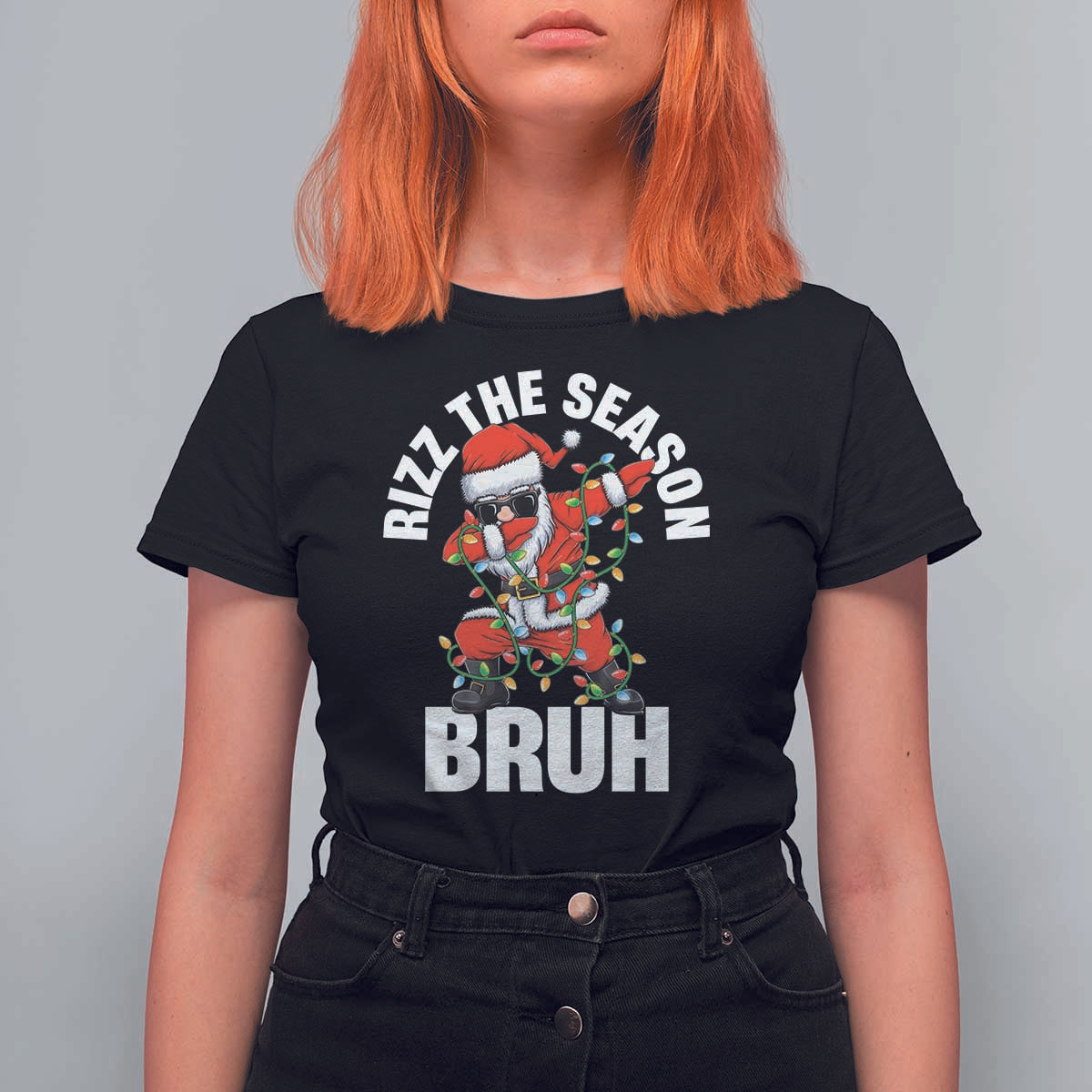 Funny Dabbing Santa Rizz Christmas T Shirt For Women Rizz The Season Bruh Xmas Lights - Wonder Print Shop