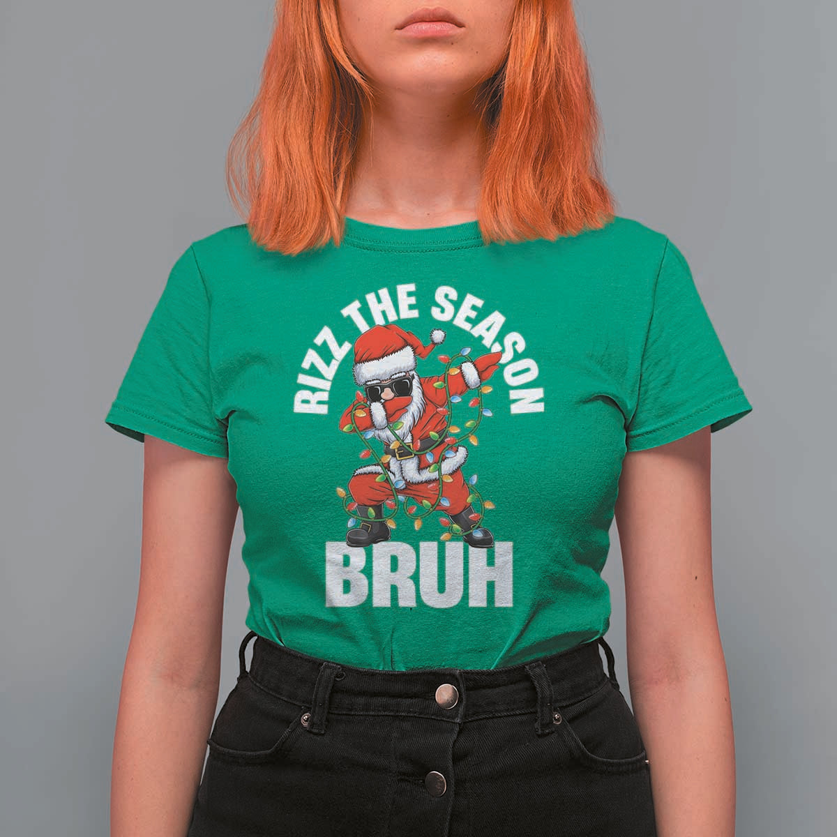 Funny Dabbing Santa Rizz Christmas T Shirt For Women Rizz The Season Bruh Xmas Lights - Wonder Print Shop