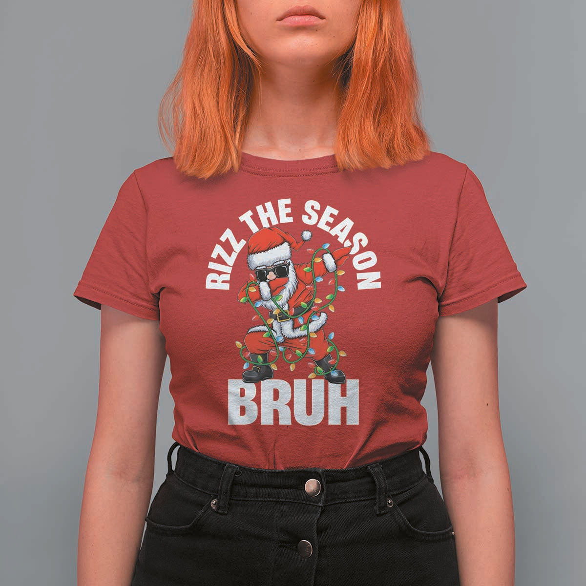 Funny Dabbing Santa Rizz Christmas T Shirt For Women Rizz The Season Bruh Xmas Lights - Wonder Print Shop