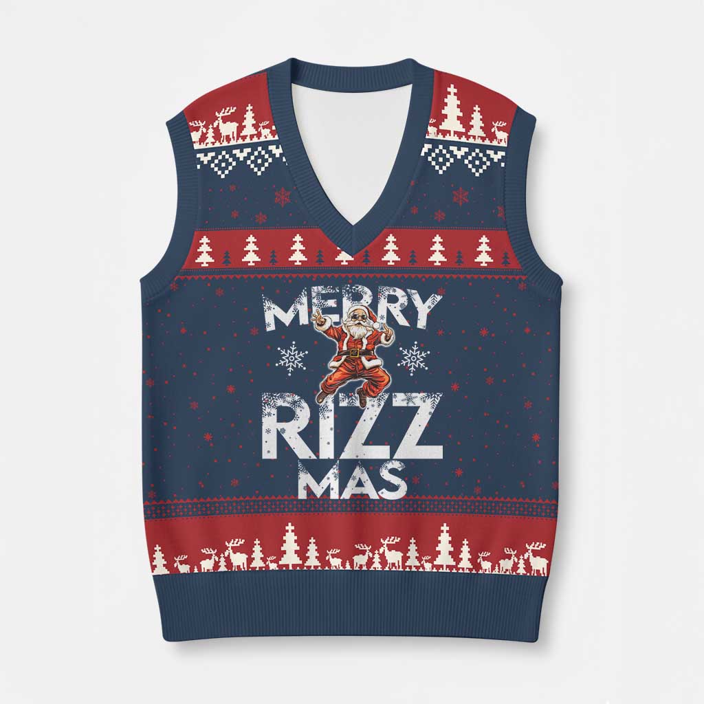 Funny Santa Rizz Xmas V-Neck Knit Sweater Vest Merry Rizz Mas Cool - Wonder Print Shop