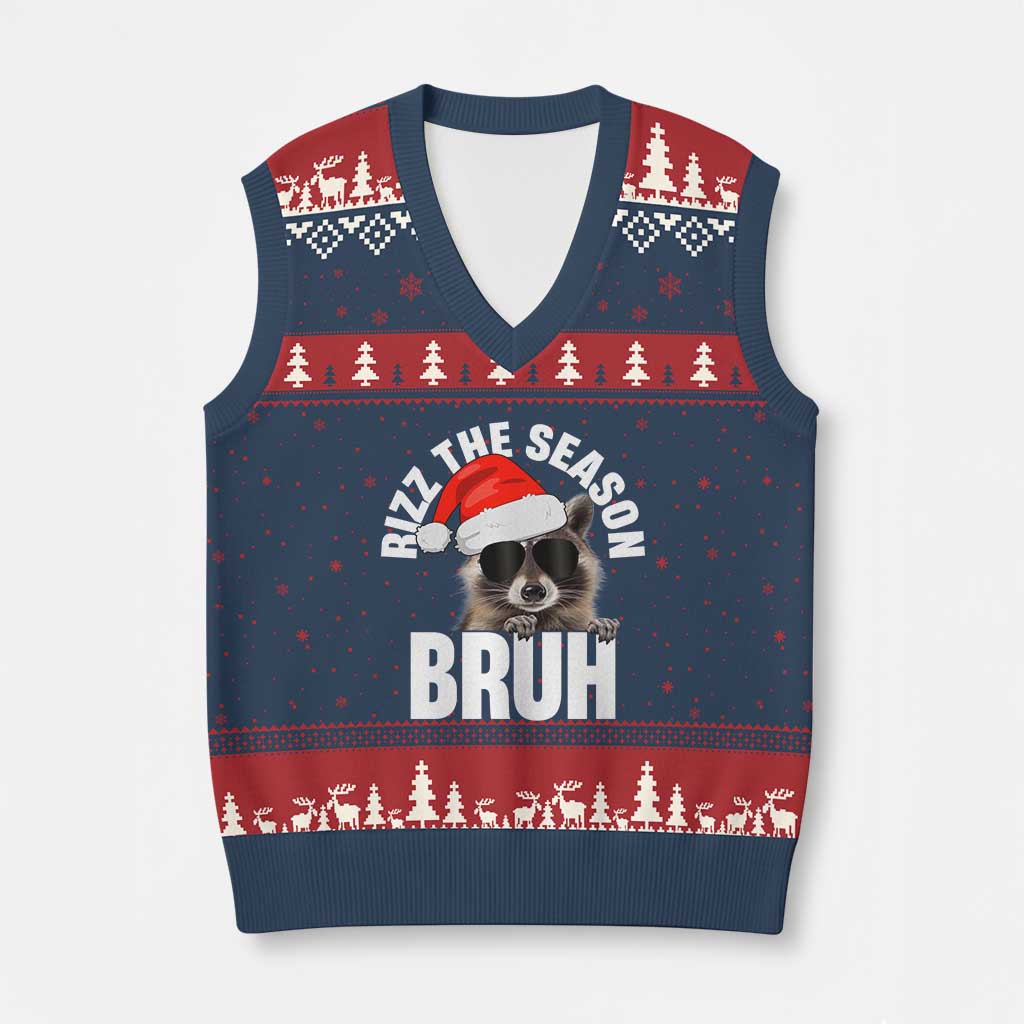 Funny Rizz Xmas Raccoon V-Neck Knit Sweater Vest Rizz The Season Bruh Santa Hat - Wonder Print Shop