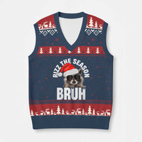 Funny Rizz Xmas Raccoon V-Neck Knit Sweater Vest Rizz The Season Bruh Santa Hat - Wonder Print Shop