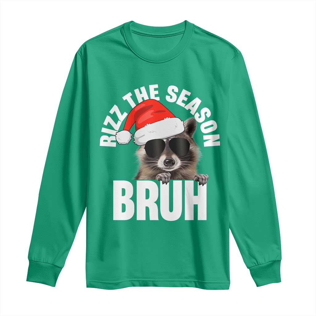 Funny Rizz Christmas Raccoon Long Sleeve Shirt Rizz The Season Bruh Santa Hat