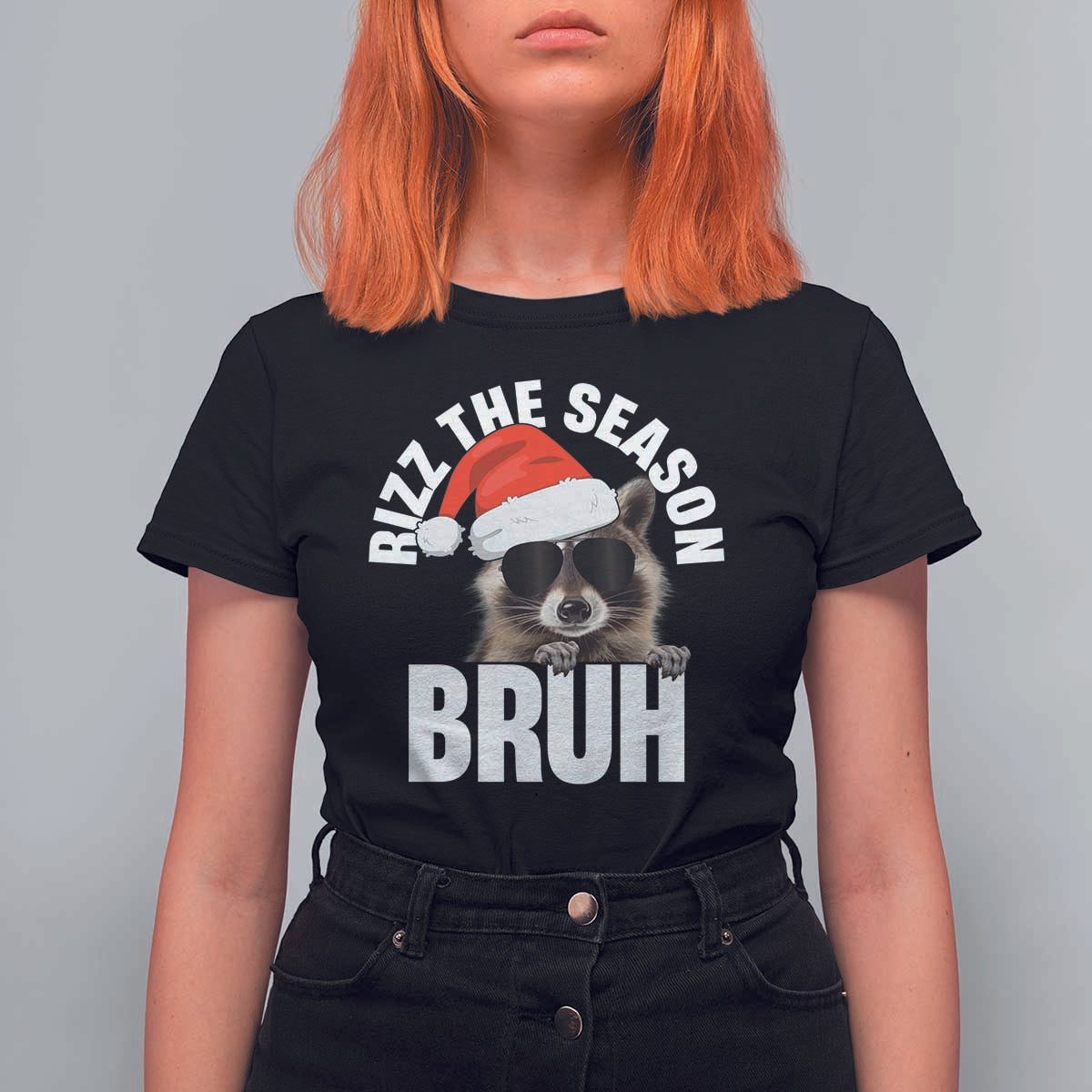 Funny Rizz Christmas Raccoon T Shirt For Women Rizz The Season Bruh Santa Hat - Wonder Print Shop