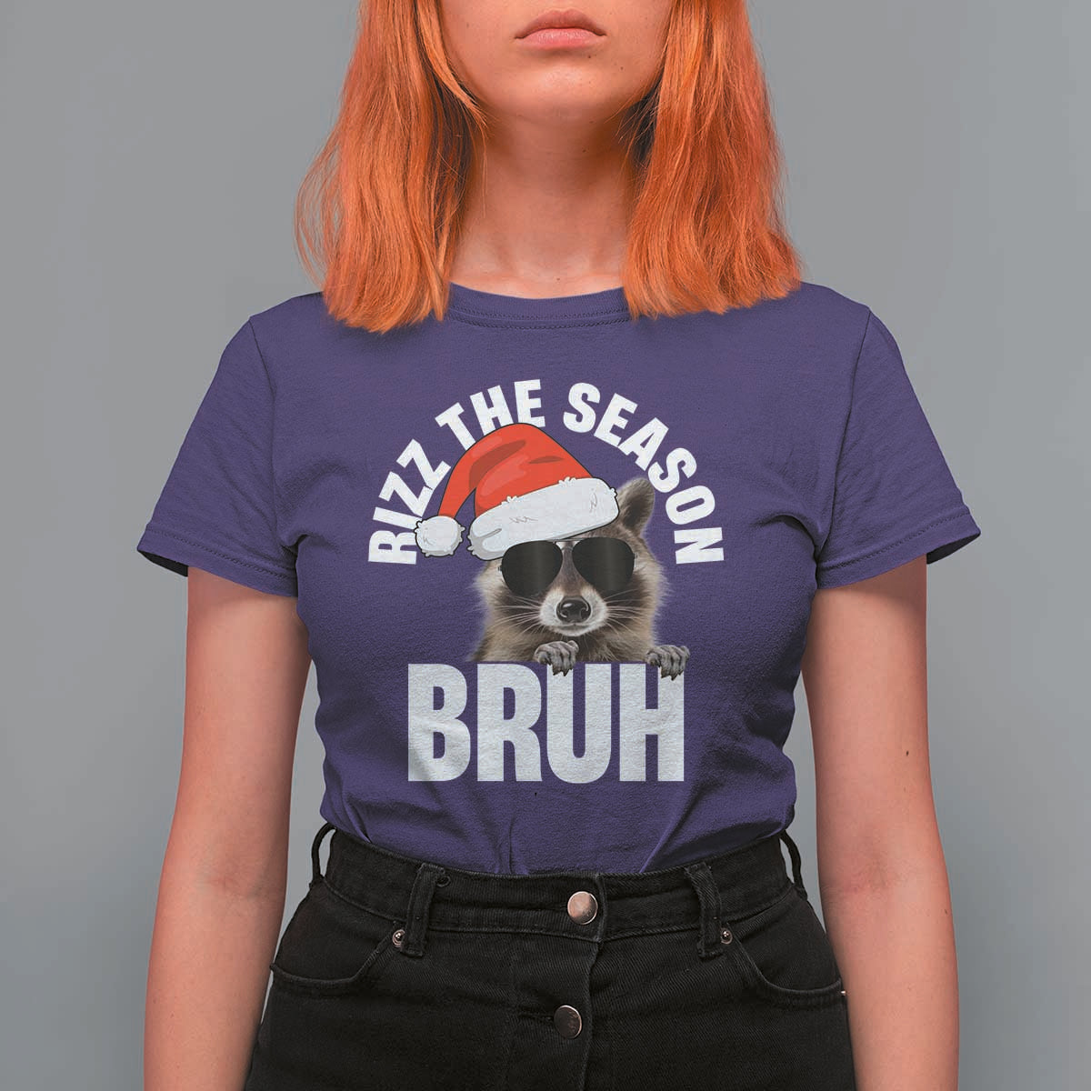 Funny Rizz Christmas Raccoon T Shirt For Women Rizz The Season Bruh Santa Hat - Wonder Print Shop