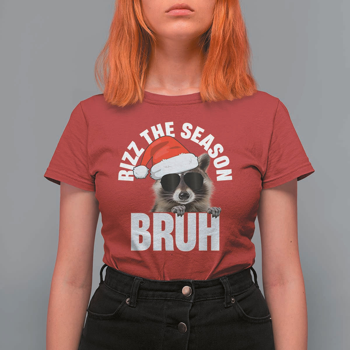 Funny Rizz Christmas Raccoon T Shirt For Women Rizz The Season Bruh Santa Hat - Wonder Print Shop