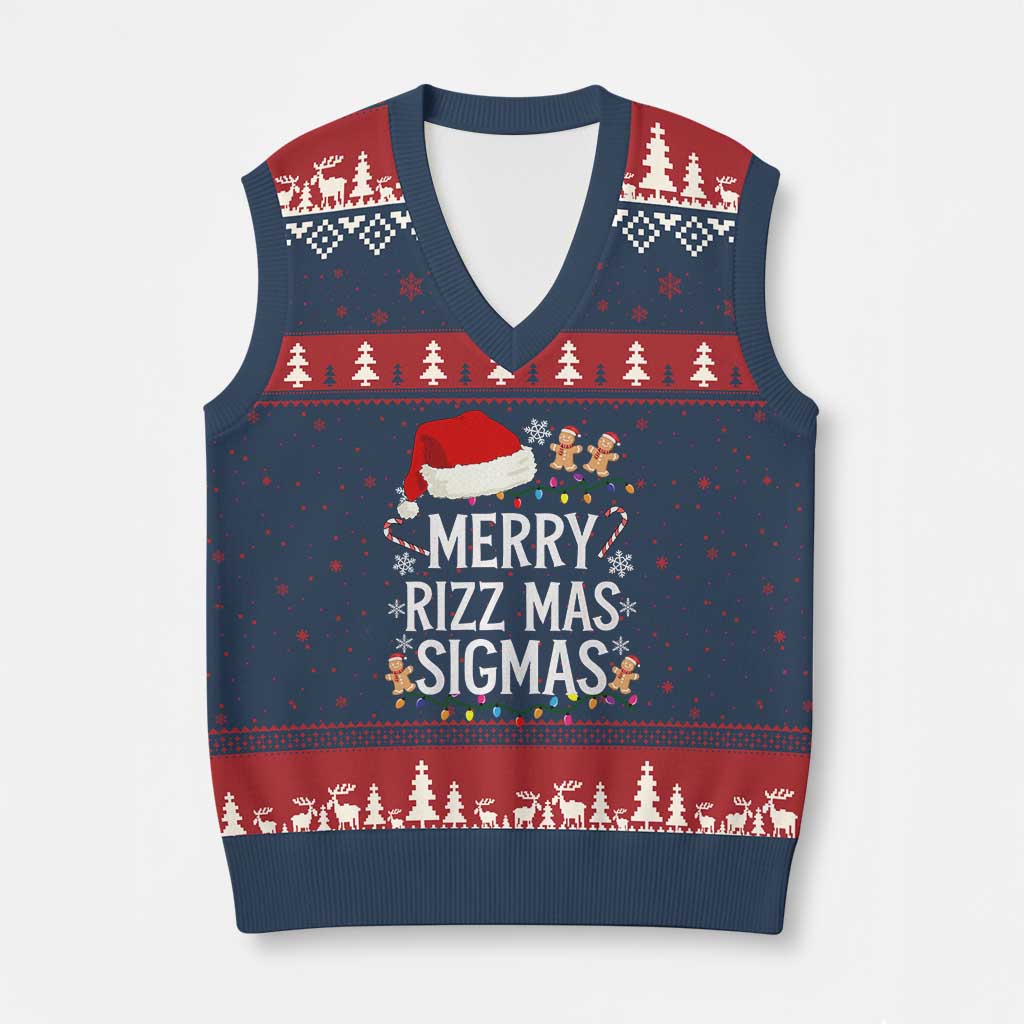 Funny Santa Rizz Xmas V-Neck Knit Sweater Vest Merry Rizzmas Sigmas - Wonder Print Shop