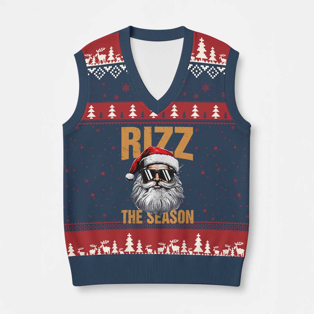 Funny Santa Rizz Xmas V-Neck Knit Sweater Vest Rizz The Season - Wonder Print Shop