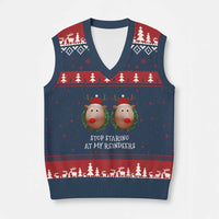Funny Xmas Chest Joke V-Neck Knit Sweater Vest Stop Staring At My Reindeers Merry Titmas Boobs - Wonder Print Shop