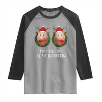 Funny Christmas Chest Joke Raglan Shirt Stop Staring At My Reindeers Merry Titmas Boobs