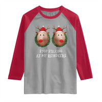 Funny Christmas Chest Joke Raglan Shirt Stop Staring At My Reindeers Merry Titmas Boobs