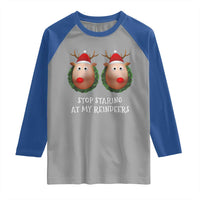 Funny Christmas Chest Joke Raglan Shirt Stop Staring At My Reindeers Merry Titmas Boobs