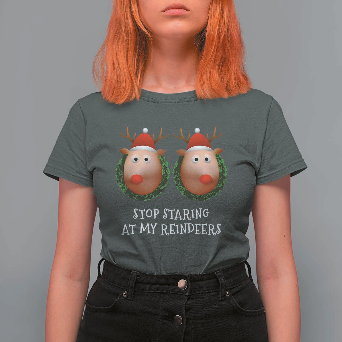 Funny Christmas Chest Joke T Shirt For Women Stop Staring At My Reindeers Merry Titmas Boobs - Wonder Print Shop