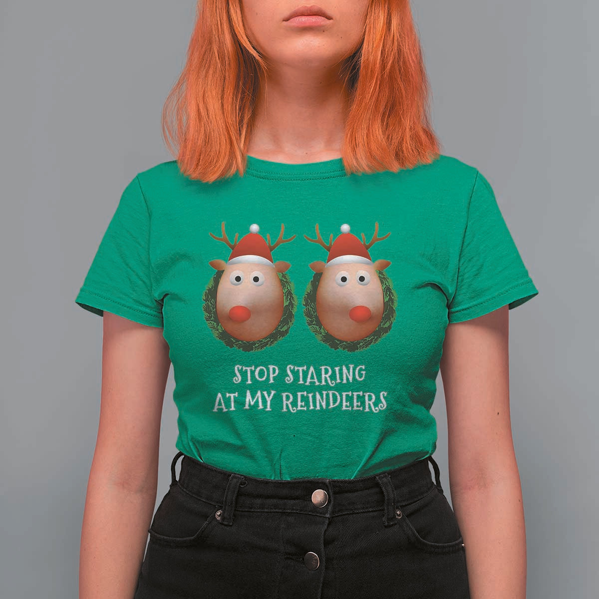 Funny Christmas Chest Joke T Shirt For Women Stop Staring At My Reindeers Merry Titmas Boobs - Wonder Print Shop