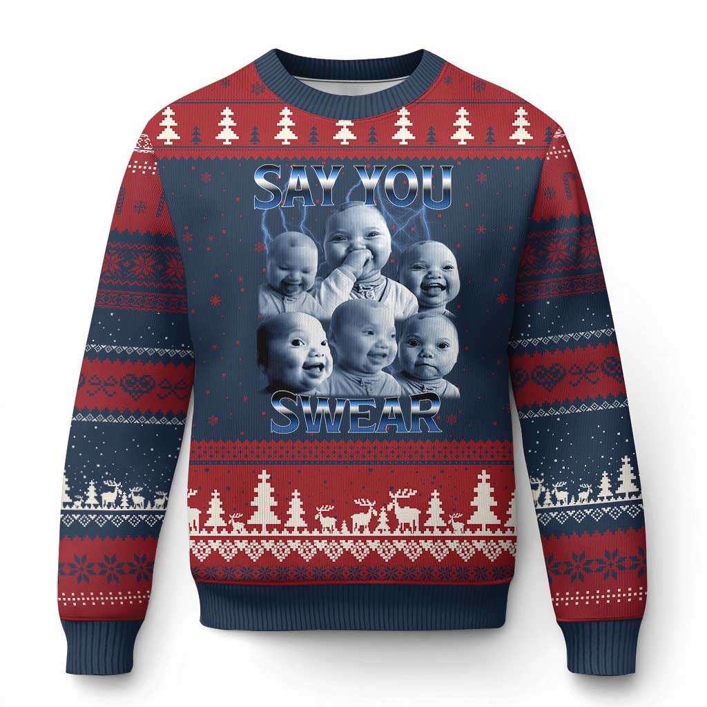 Funny Tuff Baby Meme Ugly Christmas Sweater Say You Swear Viral AI Niche Baby Holding Back Laugh - Wonder Print Shop