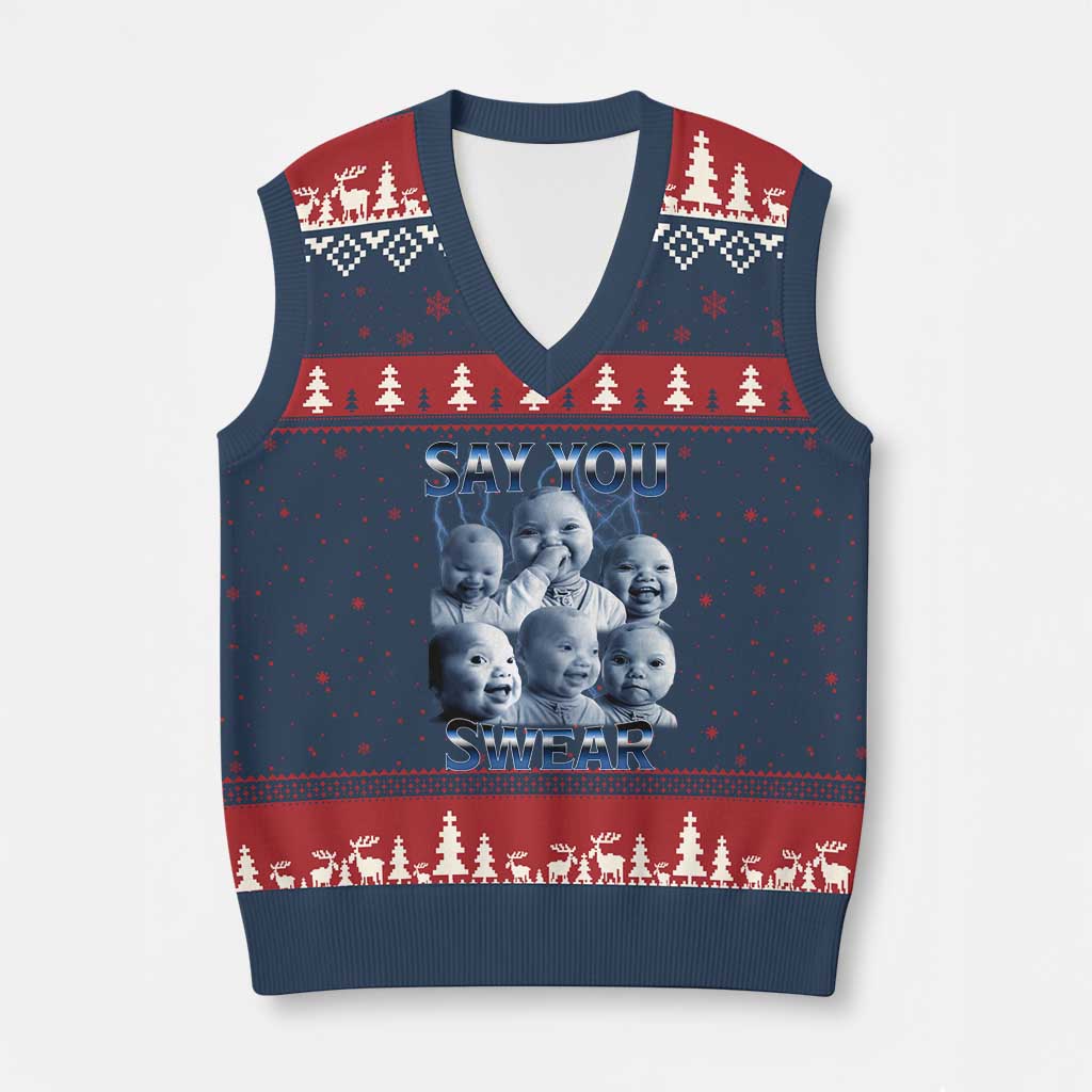 Funny Tuff Baby Meme V-Neck Knit Sweater Vest Say You Swear Viral AI Niche Baby Holding Back Laugh - Wonder Print Shop