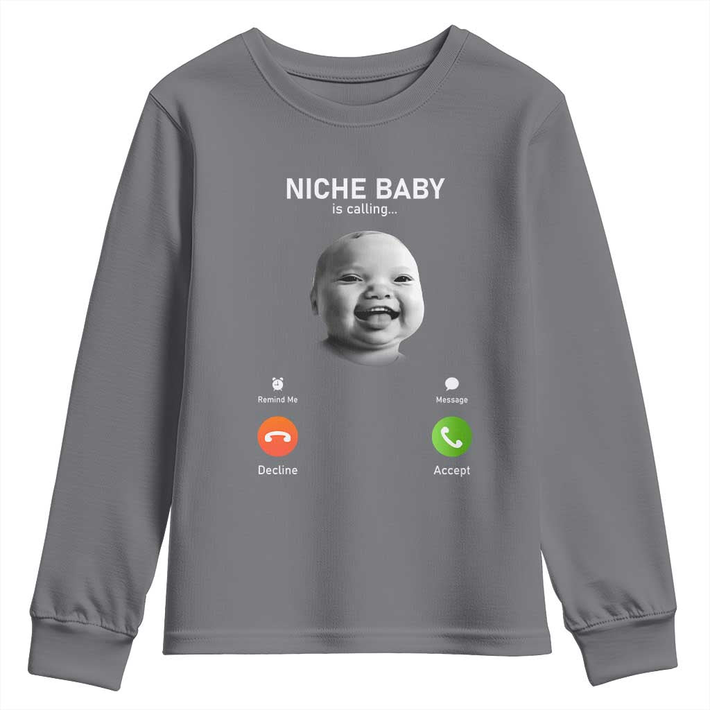 Funny Tuff Baby Meme Youth Sweatshirt Tell ‘Em Son AI Niche Baby Motion Holding Laugh - Wonder Print Shop
