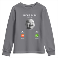 Funny Tuff Baby Meme Youth Sweatshirt Tell ‘Em Son AI Niche Baby Motion Holding Laugh - Wonder Print Shop