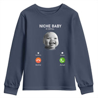 Funny Tuff Baby Meme Youth Sweatshirt Tell ‘Em Son AI Niche Baby Motion Holding Laugh - Wonder Print Shop