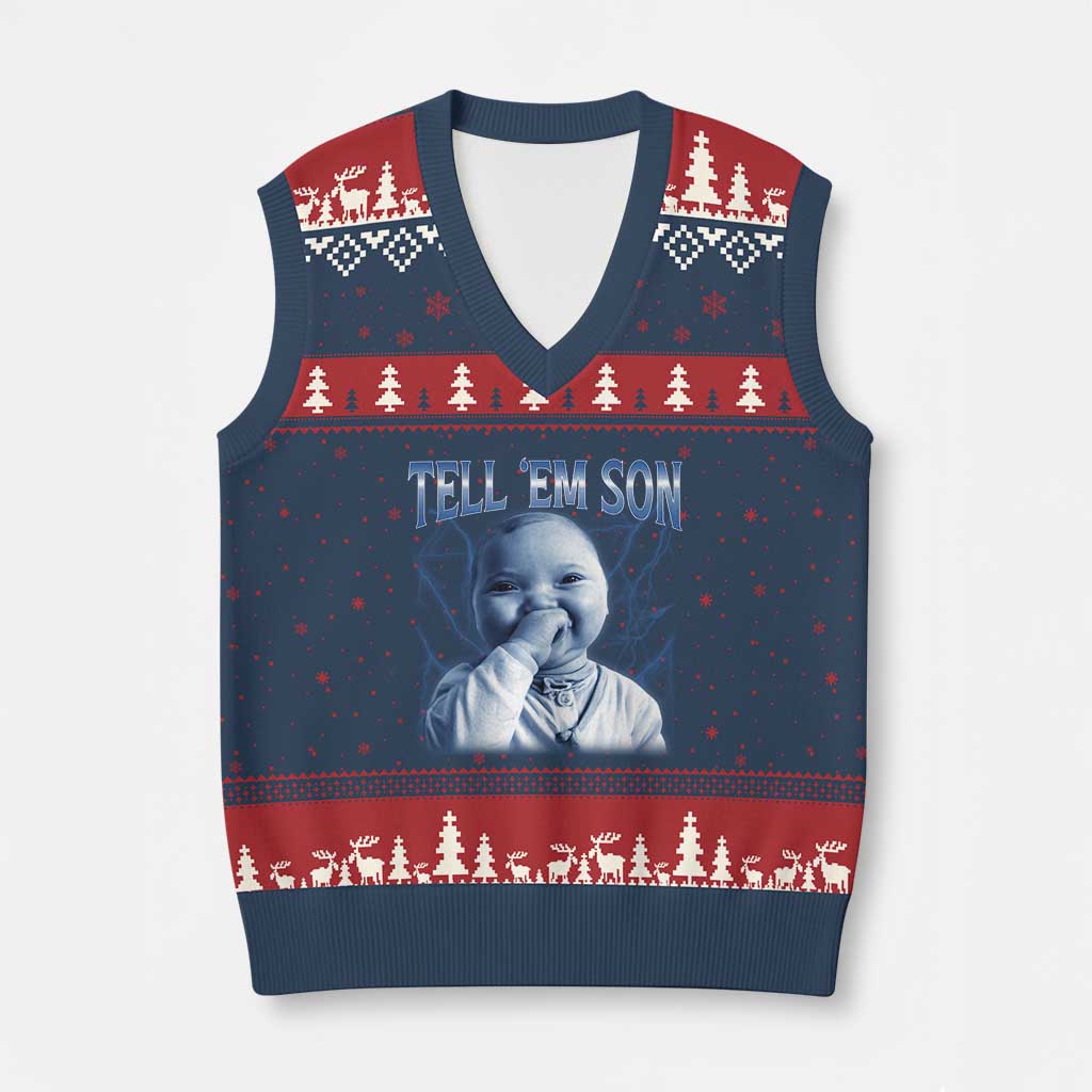 Funny Giggling Niche Baby Is Calling V-Neck Knit Sweater Vest Tuff Baby AI Laughing Gen Alpha Meme - Wonder Print Shop
