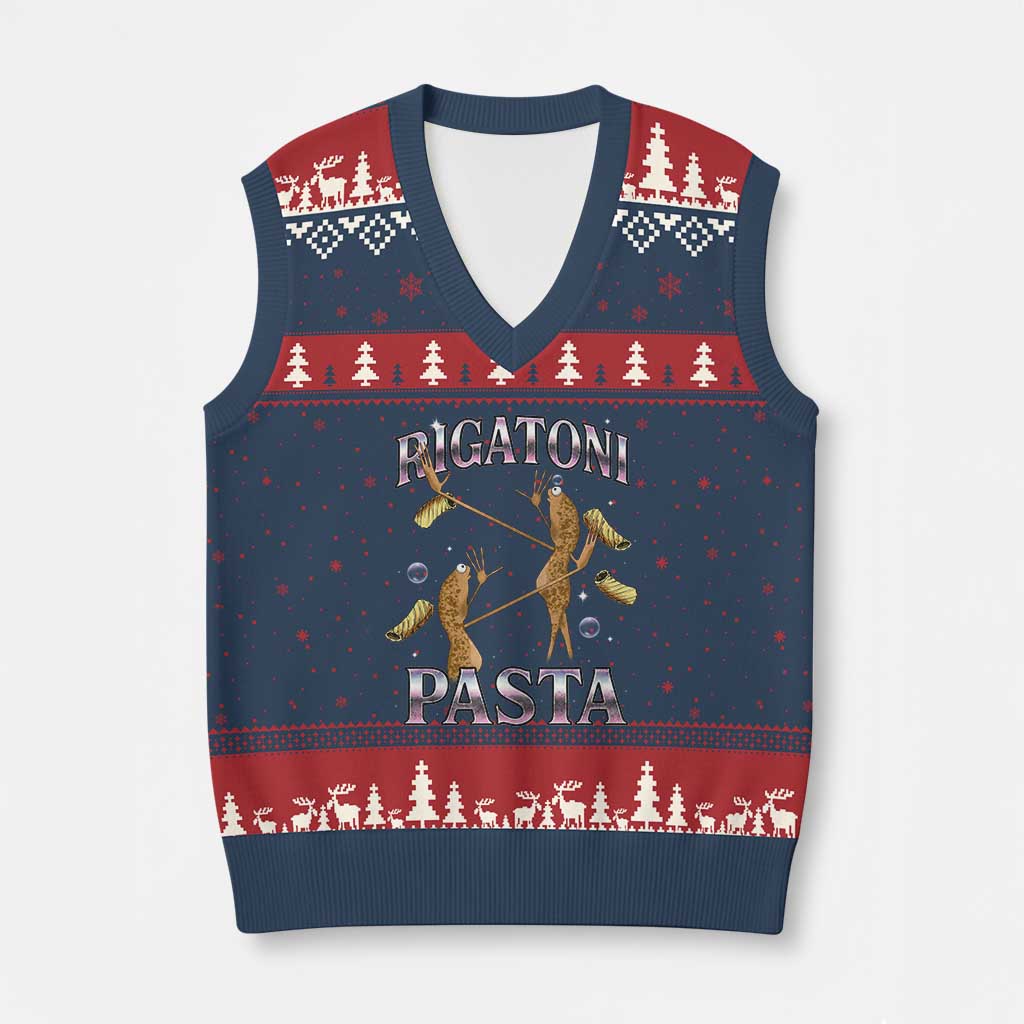 Rigatoni Pasta Lover Marcus The Worm V-Neck Knit Sweater Vest Retro 90s Bootleg Weird Meme Internet Humor - Wonder Print Shop