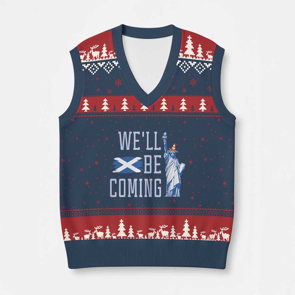 We'll Be Coming Scotland to USA V-Neck Knit Sweater Vest Scottish Fans Statue of Liberty - Wonder Print Shop