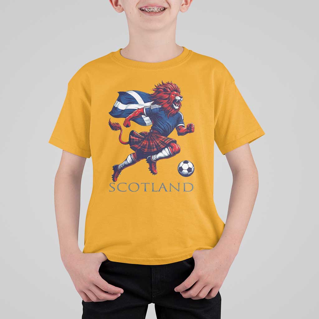 Scottish Lion Football T Shirt For Kid Brave Lion in Kilt with Flag Cape Pride - Wonder Print Shop
