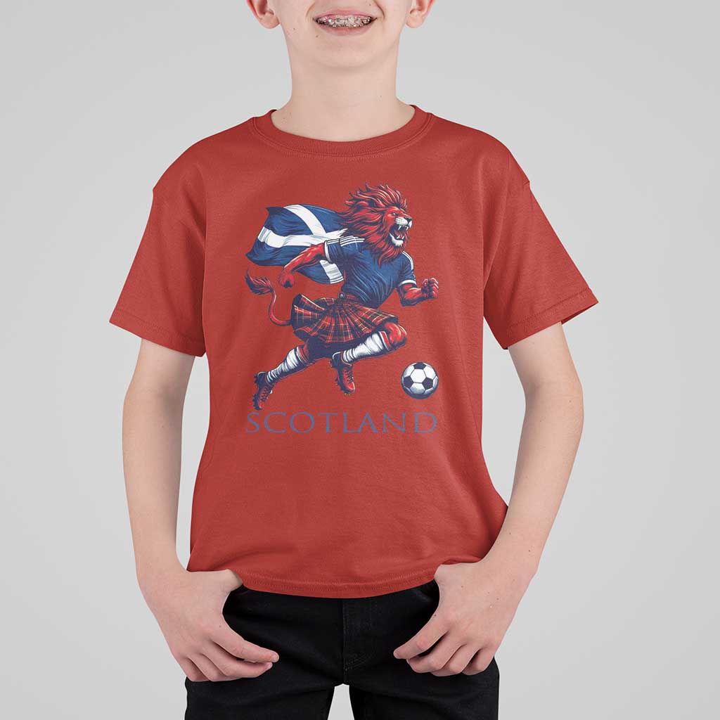 Scottish Lion Football T Shirt For Kid Brave Lion in Kilt with Flag Cape Pride - Wonder Print Shop