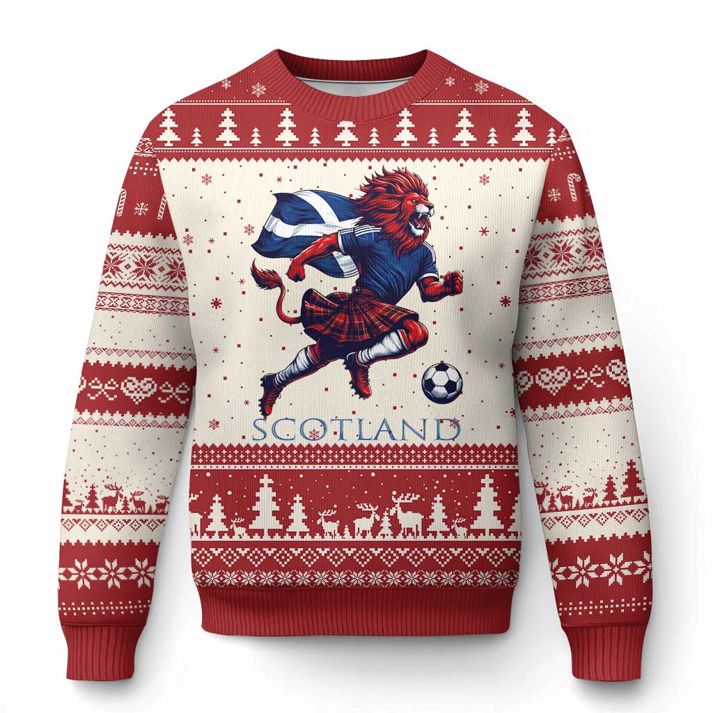 Scottish Lion Football Ugly Christmas Sweater Brave Lion in Kilt with Flag Cape Pride - Wonder Print Shop