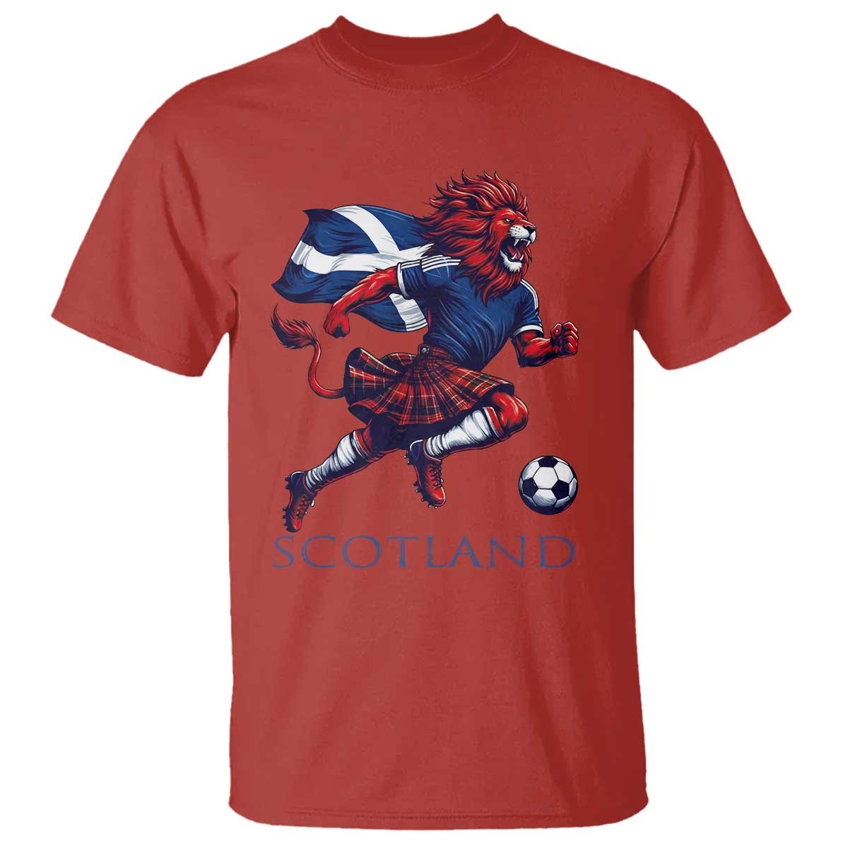 Scottish Lion Football T Shirt Brave Lion in Kilt with Flag Cape Pride - Wonder Print Shop