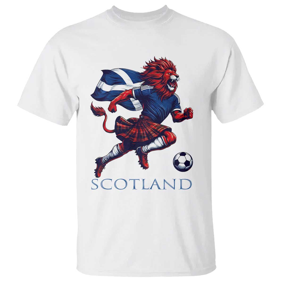 Scottish Lion Football T Shirt Brave Lion in Kilt with Flag Cape Pride - Wonder Print Shop