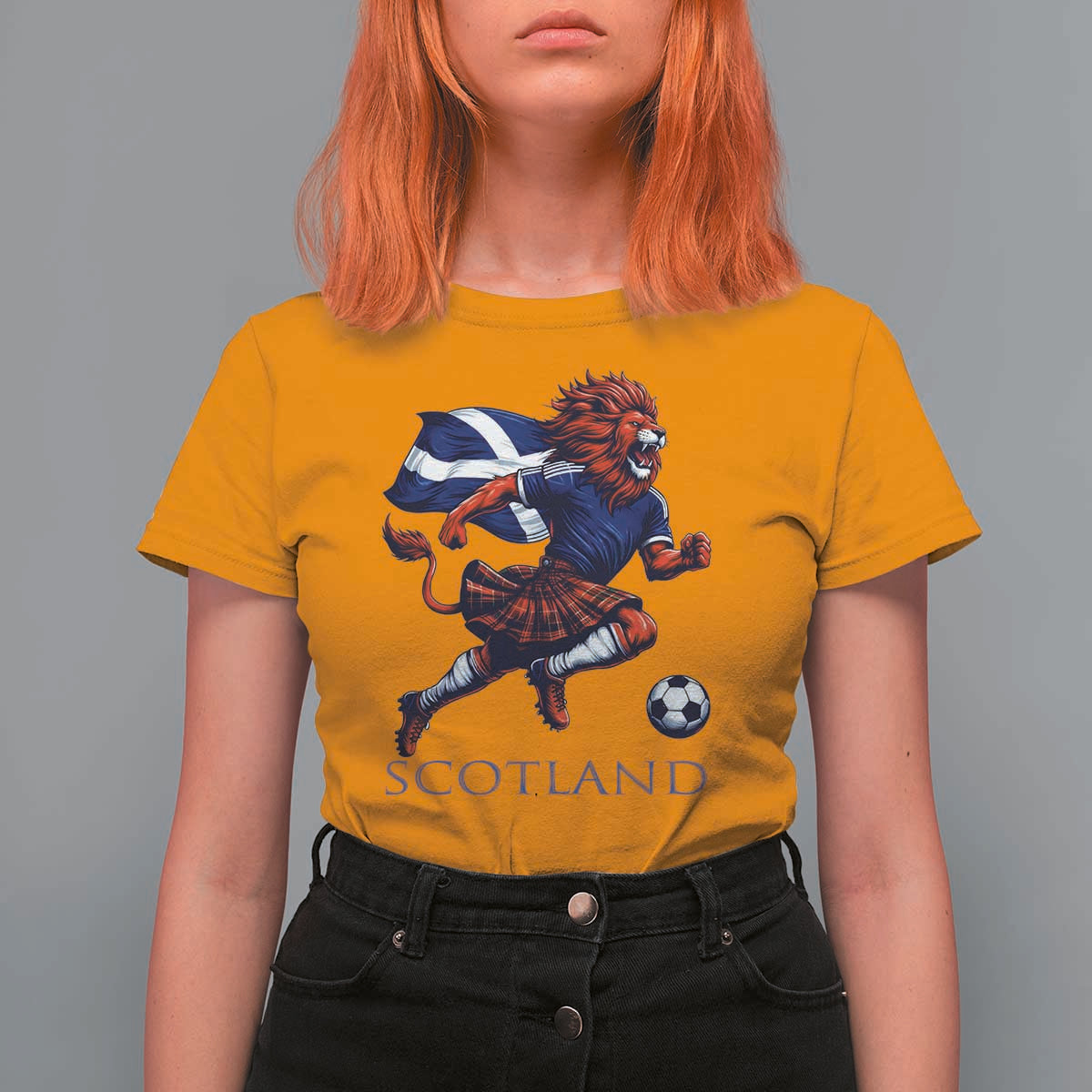Scottish Lion Football T Shirt For Women Brave Lion in Kilt with Flag Cape Pride - Wonder Print Shop