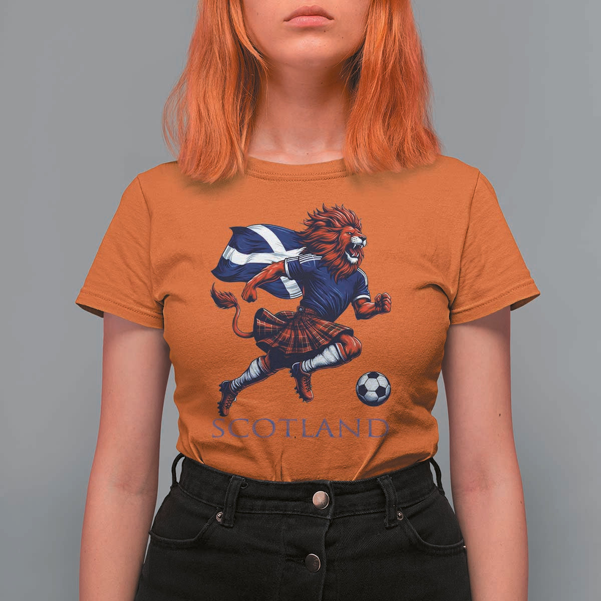 Scottish Lion Football T Shirt For Women Brave Lion in Kilt with Flag Cape Pride - Wonder Print Shop