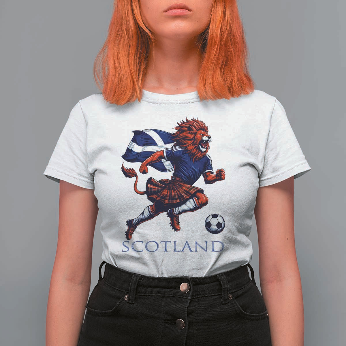 Scottish Lion Football T Shirt For Women Brave Lion in Kilt with Flag Cape Pride - Wonder Print Shop