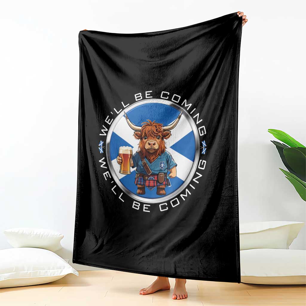 Funny Highland Cow in Kilt Drinking Throw Blanket We'll Be Coming Scottish Pride Football Fans - Wonder Print Shop