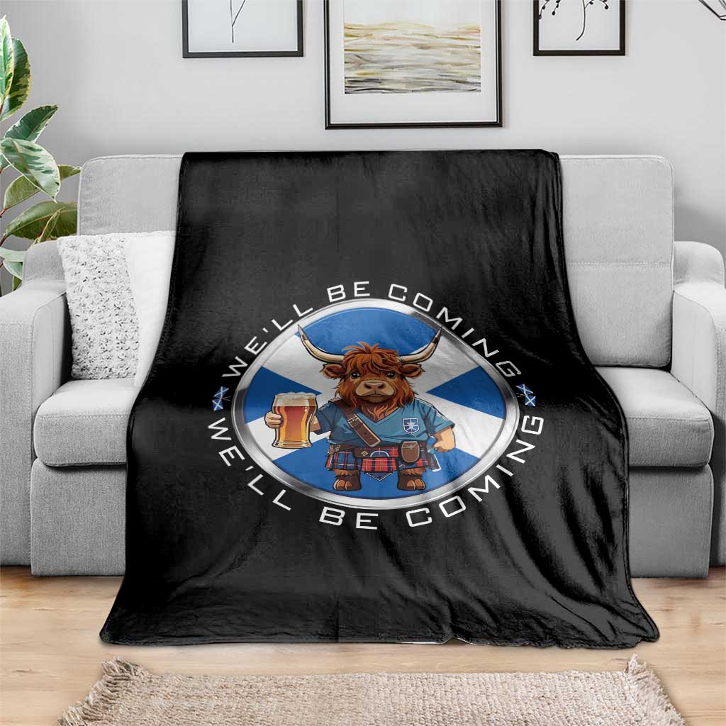 Funny Highland Cow in Kilt Drinking Throw Blanket We'll Be Coming Scottish Pride Football Fans - Wonder Print Shop