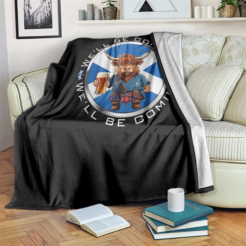 Funny Highland Cow in Kilt Drinking Throw Blanket We'll Be Coming Scottish Pride Football Fans - Wonder Print Shop