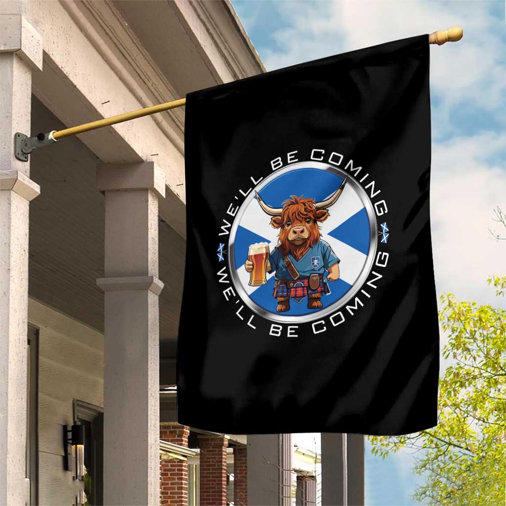 Funny Highland Cow in Kilt Drinking Garden Flag We'll Be Coming Scottish Pride Football Fans - Wonder Print Shop
