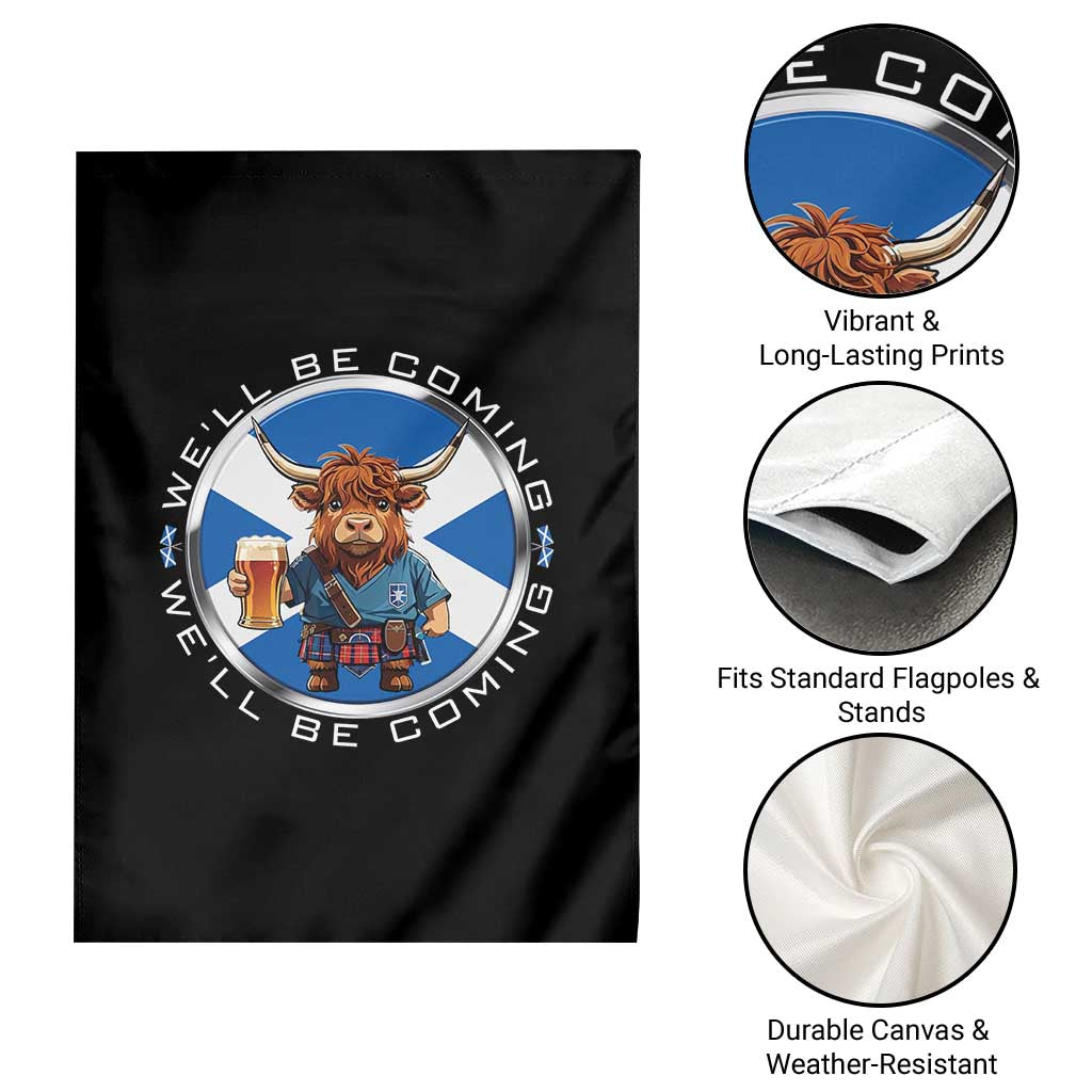 Funny Highland Cow in Kilt Drinking Garden Flag We'll Be Coming Scottish Pride Football Fans - Wonder Print Shop