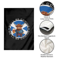 Funny Highland Cow in Kilt Drinking Garden Flag We'll Be Coming Scottish Pride Football Fans - Wonder Print Shop