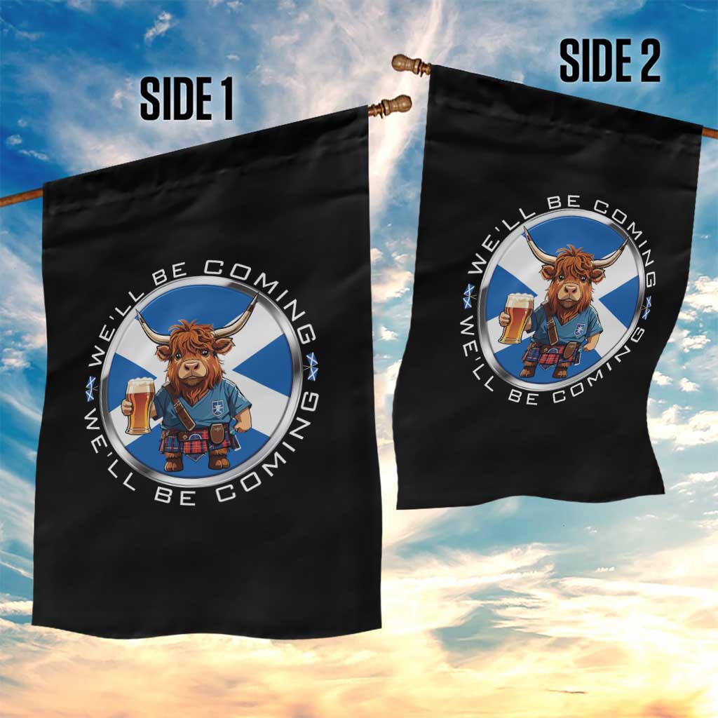 Funny Highland Cow in Kilt Drinking Garden Flag We'll Be Coming Scottish Pride Football Fans - Wonder Print Shop